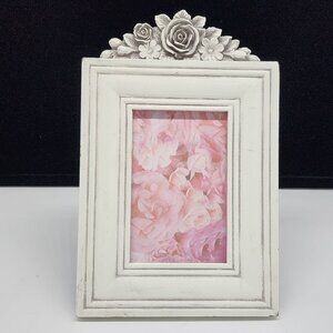 Shabby Chic Style White Picture Frame With Floral Top Accent 3-3/8"x5-3/8"